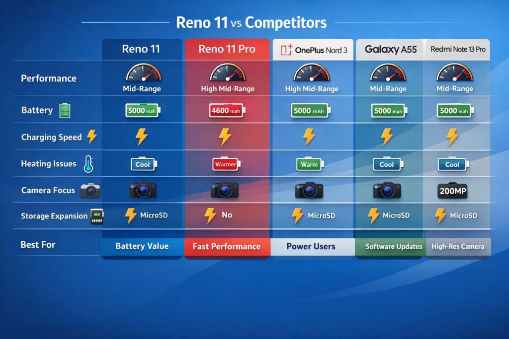 Reno 11 vs Reno 11 Pro vs competitors comparison chart including OnePlus Nord 3, Galaxy A55 and Redmi Note 13 Pro performance and battery overview