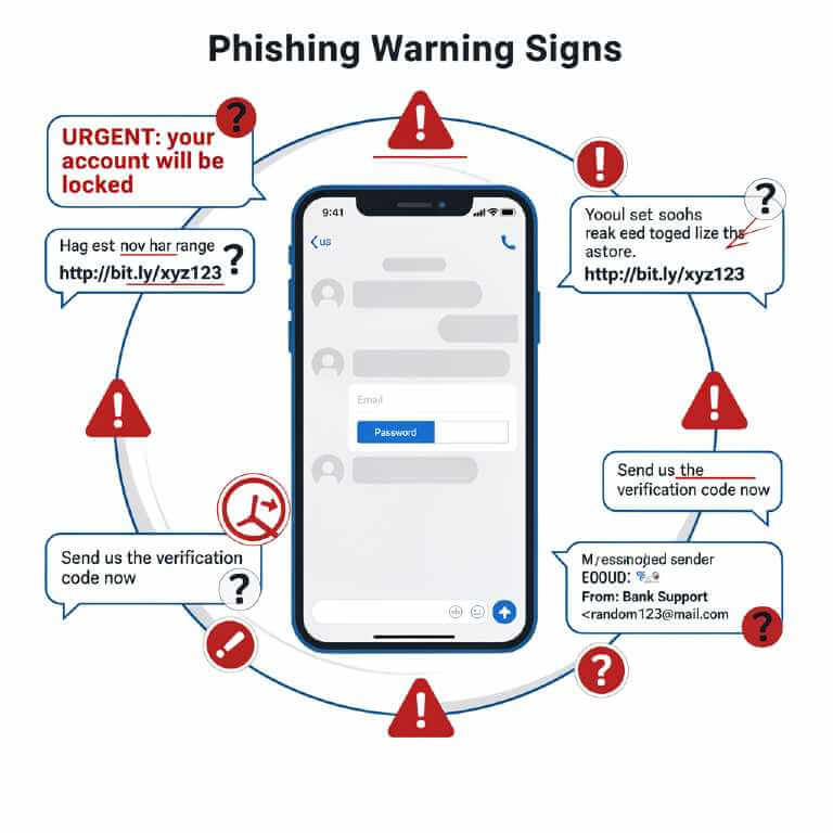 Phishing warning signs infographic with smartphone, suspicious link, urgent message, and fake login screen.