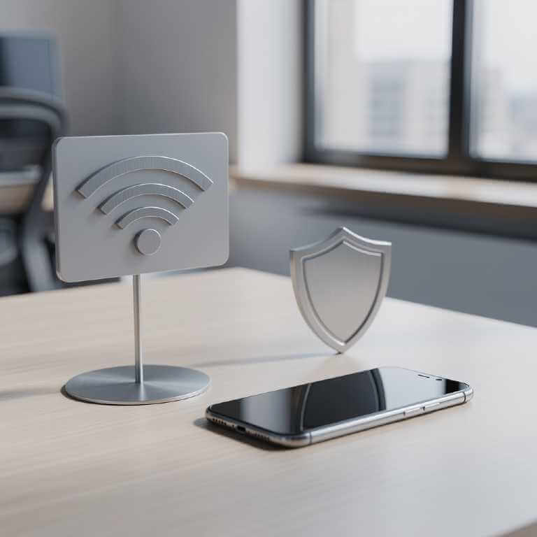 Smartphone beside a public Wi‑Fi sign with a shield icon.