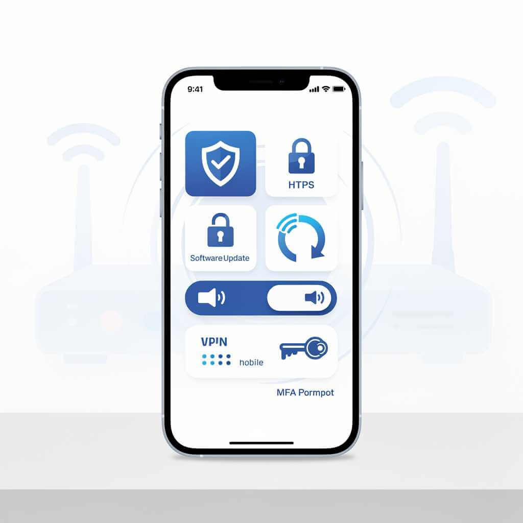 Smartphone safety checklist for public Wi‑Fi showing VPN, HTTPS, updates, and multi-factor authentication.