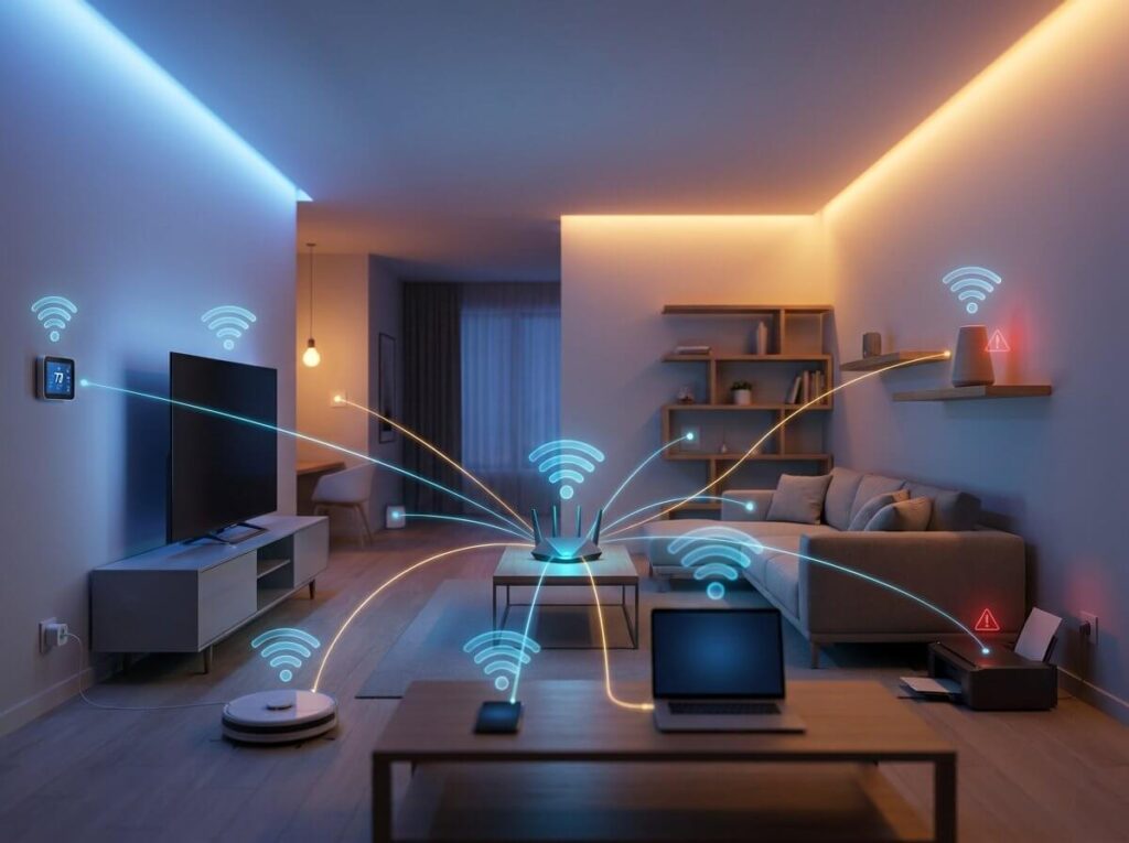 Illustration of a smart home with multiple connected devices linked to a central router, representing network congestion and IoT security risks