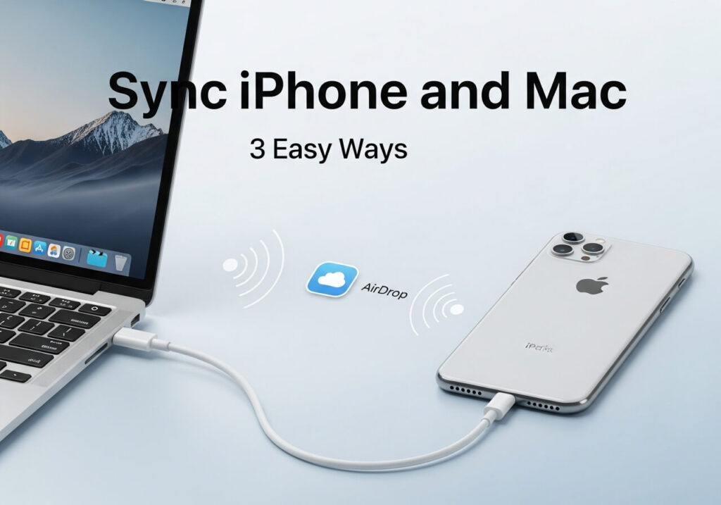Thumbnail showing a MacBook and iPhone connected by a USB cable with iCloud and AirDrop icons, illustrating how to sync iPhone and Mac using Finder, iCloud, and AirDrop.